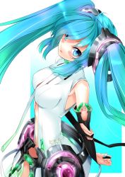 Rule 34 | 1girl, aqua eyes, aqua hair, belt, blue hair, blush, elbow gloves, fingerless gloves, from above, gloves, gradient hair, green hair, hatsune miku, hatsune miku (append), kyougoku touya, long hair, looking at viewer, looking up, multicolored hair, navel, necktie, sidelocks, solo, twintails, very long hair, vocaloid, tda model (mikumikudance), vocaloid append