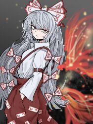 Rule 34 | 1girl, black background, bow, closed mouth, collared shirt, fe (tetsu), fire, from side, fujiwara no mokou, hair bow, hand in pocket, highres, light particles, long hair, long sleeves, looking at viewer, ofuda, ofuda on clothes, pants, red eyes, red pants, shirt, simple background, solo, suspenders, touhou, white shirt