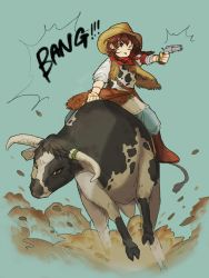 Rule 34 | 1girl, :q, aiming, animal print, blue background, blue pants, boots, bracelet, brown eyes, brown hair, bull, cow print, cowboy, cowboy boots, cowboy hat, cowboy western, dirt, finger gun, finger on trigger, gun, handgun, hat, highres, holding, holding gun, holding reins, holding weapon, horns, jacket, jewelry, one eye closed, pants, red footwear, reins, revolver, riding, riding animal, running, sako (35s 00), simple background, sitting, sleeveless, sleeveless jacket, sleeves rolled up, sound effects, tongue, tongue out, weapon, western