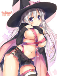 Rule 34 | 1girl, absurdres, ayachi nene, belt, belt bra, black thighhighs, blush, breasts, buckle, cape, character name, clothes between thighs, copyright name, hair ornament, has bad revision, hat, hat ribbon, highres, jewelry, large breasts, long hair, looking at viewer, md5 mismatch, muririn, navel, no bra, no panties, nozomi tsubame, pendant, purple eyes, resolution mismatch, ribbon, sanoba witch, shadow, silver hair, simple background, single thighhigh, skindentation, skirt, smile, solo, source smaller, thighhighs, white background, witch hat, yuzu-soft