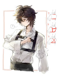 Rule 34 | 1boy, ?, ahoge, arm up, bishounen, brown hair, commentary, commentary request, cowboy shot, dress shirt, frilled shirt, frilled sleeves, frills, granblue fantasy, hair between eyes, harness, highres, looking down, male focus, messy hair, o-ring, o-ring harness, osamu (jagabata), red eyes, sandalphon (granblue fantasy), shirt, short hair, sketch, solo focus, unfinished, white background