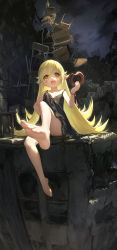 Rule 34 | 1girl, bakemonogatari, bare arms, bare legs, bare shoulders, barefoot, blonde hair, breasts, chair, doughnut, fang, feet, food, foot focus, foreshortening, full body, highres, holding, holding food, long hair, looking at viewer, monogatari (series), night, night sky, nightgown, observerz, open mouth, oshino shinobu, outdoors, pointy ears, red ribbon, ribbon, ruins, school chair, sitting, skin fang, sky, small breasts, smile, soles, solo, toes, very long hair, wrist ribbon, yellow eyes