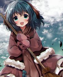 Rule 34 | 1girl, :d, animal ears, bad id, bad pixiv id, broom, cloud, commentary request, gloves, green eyes, green hair, kasodani kyouko, long sleeves, looking at viewer, mittens, open mouth, pink gloves, pink mittens, short hair, smile, solo, touhou, uguisu mochi (ykss35)
