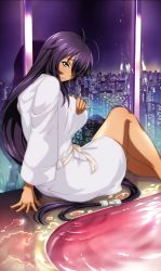 Rule 34 | 1girl, absurdly long hair, antenna hair, arm support, day, grey eyes, hair over one eye, highres, ikkitousen, kan&#039;u unchou, long hair, looking at viewer, outdoors, purple hair, shiny skin, sitting, solo, very long hair, window