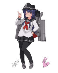 Rule 34 | 1girl, ;), absurdres, akatsuki (kancolle), anchor symbol, animal, black hat, black pantyhose, black sailor collar, black skirt, blue hair, closed mouth, commentary request, dated, flat cap, full body, grey footwear, hair between eyes, hand on own hip, hand up, hat, highres, index finger raised, inica, kantai collection, loafers, long hair, looking at viewer, machinery, neckerchief, one eye closed, pantyhose, pleated skirt, purple eyes, rabbit, red neckerchief, sailor collar, school uniform, serafuku, shoes, signature, simple background, skirt, smile, solo, very long hair, white background