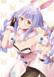 Rule 34 | 1girl, animal ears, bespectacled, black pantyhose, blue hair, braid, breasts, carrot, carrot hair ornament, cleavage, coat dress, detached sleeves, dress, food-themed hair ornament, fur-trimmed gloves, fur scarf, fur trim, glasses, gloves, hair ornament, highres, hikimayu, hololive, looking at viewer, multicolored hair, orange eyes, pantyhose, patterned background, rabbit-shaped pupils, rabbit ears, rabbit girl, rabbit tail, small breasts, smile, strapless, strapless coat, strapless dress, symbol-shaped pupils, tail, twin braids, two-tone hair, usada pekora, usada pekora (1st costume), virtual youtuber, wabisuke0722