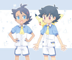 Rule 34 | 2boys, :d, akasaka (qv92612), ascot, ash ketchum, black hair, blouse, blue eyes, blue shirt, collared shirt, commentary request, creatures (company), dark-skinned male, dark skin, eyelashes, game freak, gen 1 pokemon, goh (pokemon), hands on own hips, male focus, multiple boys, nintendo, notice lines, official alternate costume, open mouth, outline, parted lips, pikachu, pokemon, pokemon (anime), pokemon (creature), pokemon journeys, school uniform, shirt, short hair, short sleeves, shorts, smile, tongue, vermilion city school uniform, white shirt, white shorts, yellow ascot