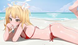 Rule 34 | 1girl, absurdres, ahoge, armpit crease, ass, bare arms, bare legs, bare shoulders, beach, bikini, blonde hair, blue archive, blue sky, breasts, brown eyes, cleavage, cloud, commentary, day, food, from side, halo, highres, holding, holding food, holding popsicle, ice cream, licking, licking hand, lying, medium hair, momocadraw, ocean, on stomach, outdoors, popsicle, red bikini, sand, side-tie bikini bottom, sky, small breasts, solo, sunlight, swimsuit, the pose, tongue, tongue out, twintails, water, yoshimi (blue archive)