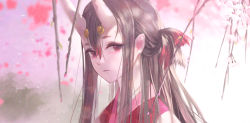 Rule 34 | 1girl, blurry, blurry foreground, brown hair, cherry blossoms, chiyo (genshin impact), closed mouth, genshin impact, hair between eyes, hair over shoulder, horns, looking at viewer, midfinger, multicolored hair, oni horns, pointy ears, red eyes, red hair, solo, streaked hair