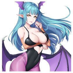 Rule 34 | 1girl, animal print, bare shoulders, bat print, bat wings, breasts, bridal gauntlets, cleavage, clothing cutout, commentary request, demon girl, elbow gloves, gloves, green eyes, green hair, head wings, heart cutout, highres, large breasts, leotard, lis zhu long, long hair, morrigan aensland, pantyhose, print pantyhose, simple background, solo, vampire (game), white background, wings