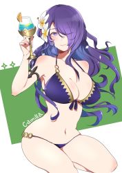 Rule 34 | 1girl, bikini, breasts, camilla (fire emblem), camilla (summer) (fire emblem), character name, cleavage, closed mouth, cup, drinking glass, fire emblem, fire emblem fates, fire emblem heroes, flower, hair flower, hair ornament, hair over one eye, highres, large breasts, long hair, nail polish, navel, nekolook, nintendo, purple bikini, purple eyes, purple hair, solo, swimsuit, thighs, wavy hair