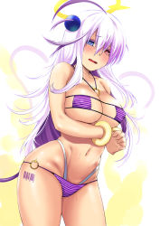 Rule 34 | 1girl, ahoge, barcode, bare shoulders, bikini, blush, bombergirl, breasts, cat tail, center opening, cleavage, cleavage cutout, clothing cutout, colored eyelashes, covered erect nipples, cowboy shot, embarrassed, eyepatch bikini, hair between eyes, heterochromia, highleg, highleg bikini, highleg bikini bottom, hip focus, large breasts, light purple hair, long hair, looking at viewer, messy hair, micro bikini, multicolored hair, o-ring, o-ring bikini, one side up, open mouth, papuru (bombergirl), purple eyes, solo, stomach, striped bikini, striped clothes, swimsuit, tail, thighs, two-tone hair, underboob, wavy mouth, yuu (kfc)