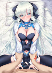 Rule 34 | 1boy, 1girl, absurdres, arm grab, black bow, black dress, blue eyes, blush, bow, braid, breasts, cleavage, closed mouth, clothed female nude male, clothed sex, clothing cutout, collared shirt, dress, dress shirt, fate/grand order, fate (series), french braid, grey hair, hair between eyes, hair bow, hetero, highres, holding, large breasts, long hair, long sleeves, looking at viewer, lying, midriff, morgan le fay (fate), navel, nude, okuma707, on back, on bed, ponytail, pov, pov crotch, pov hands, sex, shirt, sidelocks, smile, solo focus, spread legs, stomach cutout, sweat, takeuchi takashi (style), two-tone dress, very long hair