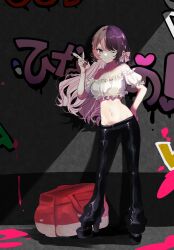 Rule 34 | 1girl, ;), bare shoulders, black footwear, black pants, bow, breasts, brown hair, commentary request, crop top, full body, graffiti, hair bow, hand up, high heels, highres, holding, hoshino-san, looking at viewer, medium breasts, midriff, multicolored hair, navel, off-shoulder shirt, off shoulder, one eye closed, pants, pink bow, pink hair, puffy short sleeves, puffy sleeves, shirt, short sleeves, smile, solo, standing, stomach, tachibana hinano (vtuber), two-tone hair, virtual youtuber, vspo!, white shirt