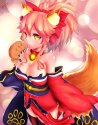 Rule 34 | 1girl, :3, absurdres, animal ears, bad id, bad pixiv id, bell, neck bell, breasts, cleavage, collar, fate/grand order, fate (series), fox ears, fox tail, hair ribbon, highres, japanese clothes, large breasts, long hair, looking at viewer, open mouth, pink hair, ribbon, solo, tabika (ryoka-moto-ryoka), tail, tamamo (fate), tamamo cat (fate), tamamo no mae (fate/extra), thighhighs, tongue, tongue out, yellow eyes