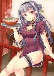 Rule 34 | 1girl, blush, bowl, breasts, china dress, chinese clothes, cleavage cutout, clothing cutout, courreges ace, double bun, dress, face, food, grey hair, hairband, idolmaster, idolmaster (classic), leaning, bridal garter, lips, long hair, no panties, noodles, ramen, red eyes, shijou takane, side slit, smile, solo, tray