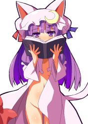 Rule 34 | 1girl, 9law, animal ears, animal hat, bad id, bad pixiv id, book, cat ears, cat girl, cat hat, cat tail, covering own mouth, crescent, female focus, groin, hat, kemonomimi mode, long hair, navel, no panties, open clothes, patchouli knowledge, purple eyes, purple hair, solo, tail, touhou