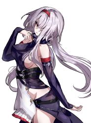 1girl azur_lane bare_shoulders breasts colorado_(azur_lane) commentary detached_sleeves grey_hair hair_intakes hairband high_collar large_breasts long_hair long_sleeves looking_at_viewer pale_skin ramuya_(lamb) red_eyes sideboob sidelocks solo standing white_background