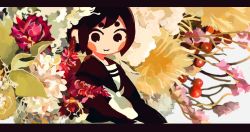 Rule 34 | 1girl, :3, berry, black eyes, black hair, black shirt, blush stickers, butudan butugu, closed mouth, commentary, flower, leaf, letterboxed, long sleeves, looking at viewer, mini person, minigirl, neckerchief, no nose, no sclera, original, pink flower, red flower, sailor collar, school uniform, serafuku, shirt, short hair, sitting, smile, solo, symbol-only commentary, upper body, white background, white flower, white neckerchief