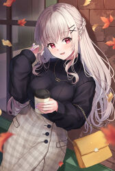 Rule 34 | 1girl, bag, black sweater, blonde hair, blush, breasts, cup, hair ornament, hairclip, handbag, highres, holding, holding cup, jewelry, large breasts, long hair, long sleeves, looking at viewer, nail polish, necklace, open mouth, original, outdoors, pink nails, primamiya, red eyes, smile, sweater, teeth, window, x hair ornament