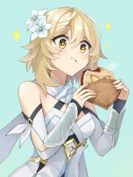 Rule 34 | + +, 1girl, :t, bare shoulders, blonde hair, blue background, blush, breasts, closed mouth, detached sleeves, dress, eating, flower, food, food on face, genshin impact, hair between eyes, hair flower, hair ornament, highres, holding, holding food, long hair, long sleeves, lumine (genshin impact), simple background, sleeveless, sleeveless dress, sleeves past wrists, small breasts, solo, somechime (sometime1209), sparkle, steam, upper body, vambraces, white dress, white flower, white sleeves, yellow eyes