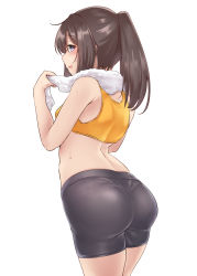 Rule 34 | 1girl, absurdres, akizuki (kancolle), alternate costume, ass, bike shorts, black hair, black shorts, blush, breasts, grey eyes, highres, kantai collection, kiritto, long hair, looking at viewer, looking back, medium breasts, open mouth, ponytail, profile, shorts, simple background, solo, sweat, tank top, towel, towel around neck, white background