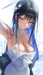 Rule 34 | 1girl, absurdres, arm up, black hair, blue archive, blue eyes, blue halo, breasts, choker, cleavage, closed mouth, colored inner hair, commentary request, covered navel, dress, earrings, elbow gloves, expressionless, flower, gloves, hair flower, hair ornament, halo, highres, jewelry, large breasts, long hair, looking at viewer, multicolored hair, nanimonine9, official alternate costume, saori (blue archive), saori (dress) (blue archive), selfie, simple background, solo, strapless, strapless dress, white choker, white dress, white gloves
