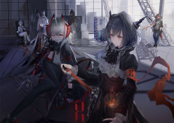 Rule 34 | 1boy, 5girls, absurdres, animal ears, arknights, black dress, black jacket, black skirt, blue pants, breasts, building, chair, city, cloud, cloudy sky, commentary request, covered mouth, crossed legs, crownslayer (arknights), demon girl, demon horns, demon tail, detonator, dragon horns, dress, fingerless gloves, fire, frilled dress, frills, frostnova (arknights), gas mask, gloves, grenade launcher, grey shirt, hair over one eye, highres, horns, indoors, jacket, knife, mask, me/r, medium breasts, mephisto (arknights), multicolored hair, multiple girls, nail polish, one eye closed, open clothes, open jacket, originium arts (arknights), pants, pink eyes, rabbit ears, red hair, red nails, reunion logo (arknights), shirt, short hair, shorts, skirt, skullshatterer (arknights), sky, streaked hair, sword, tail, talulah (arknights), w (arknights), weapon, white hair, wolf tail