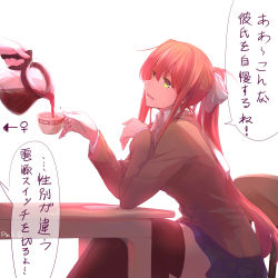 Rule 34 | 1girl, absurdres, artist name, blue skirt, bow, brown hair, chair, check translation, coffee, coffee mug, coffee pot, cup, doki doki literature club, elbows on table, green eyes, highres, long hair, looking at another, looking to the side, monika (doki doki literature club), mug, open mouth, pin.s, ponytail, pouring, saucer, school uniform, sitting, skirt, smile, solo focus, speech bubble, table, thighhighs, translation request, very long hair, yuri