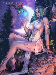 Rule 34 | 1girl, aqua hair, ass, bare shoulders, breasts, dress, earrings, elf, fantasy, high heels, highres, jewelry, large breasts, long legs, magic, moon, night elf (warcraft), outdoors, pointy ears, side slit, sideboob, sitting, thick thighs, thighs, tyrande whisperwind, warcraft, white dress, world of warcraft, yam spectrum, yellow eyes
