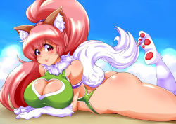 Rule 34 | 1girl, :3, animal ears, animal hands, armlet, ass, bare legs, bare shoulders, blush, breasts, cat ears, cat girl, cleavage, cleavage cutout, clothing cutout, curvy, female focus, furry, furry female, green one-piece swimsuit, heart, heart cutout, highleg, highleg leotard, highres, huge ass, huge breasts, large breasts, leotard, long hair, looking at viewer, lying, on stomach, one-piece swimsuit, outdoors, paw print, perisie (star ocean), pink hair, ponytail, red eyes, red hair, ryoi, shiny clothes, shiny skin, sky, smile, solo, star ocean, star ocean first departure, swimsuit, tail, thick thighs, thighhighs, thighs, thong leotard, very long hair