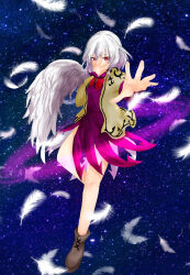 Rule 34 | 1girl, coat, covering own mouth, dress, falling feathers, feathered wings, feathers, hand over own mouth, highres, kishin sagume, looking at viewer, purple dress, red eyes, shee take, single wing, solo, space, touhou, white coat, white hair, wings