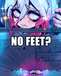 Rule 34 | 1girl, blush, briar (league of legends), colored sclera, fang, hair between eyes, hand up, league of legends, looking at viewer, meme, multicolored hair, no bitches? (meme), phantom ix row, pink hair, pointy ears, prison, sad, saliva, solo, toeless footwear, two-tone hair