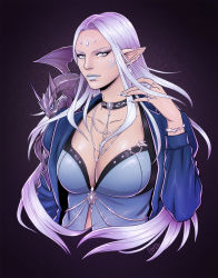 Rule 34 | 1girl, bracelet, breasts, choker, cleavage, cropped torso, dragon, ear piercing, earrings, elezen, elf, final fantasy, final fantasy xiv, grey eyes, grey hair, grey lips, highres, jacket, jewelry, large breasts, long hair, long sleeves, looking at viewer, necklace, open clothes, open jacket, piercing, pointy ears, puffy long sleeves, puffy sleeves, purple background, ring, silvertiger, ysayle dangoulain