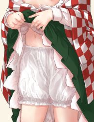 Rule 34 | 1girl, bloomers, brown background, checkered clothes, checkered kimono, clothes lift, green skirt, head out of frame, japanese clothes, kimono, lifted by self, long sleeves, motoori kosuzu, naegi (naegidokoro), navel, open clothes, open shirt, pleated skirt, shirt, simple background, skirt, skirt lift, solo, touhou, underwear, white bloomers, white shirt, wide sleeves, yellow background