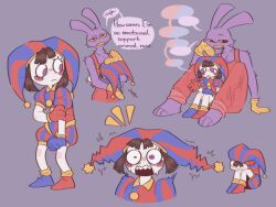 Rule 34 | 1boy, 1girl, animal ears, asymmetrical gloves, blue gloves, brown hair, crying, english text, gloves, hat, headpat, hug, jax (the amazing digital circus), jester, jester cap, jester costume, mismatched gloves, multicolored eyes, nickeeree, overalls, pomni (the amazing digital circus), rabbit boy, rabbit ears, red gloves, sitting, the amazing digital circus
