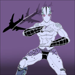 Rule 34 | 1boy, afterimage, aircraft, airplane, arm guards, black footwear, boots, collarbone, colored skin, full body, jojo no kimyou na bouken, knee boots, male focus, muscular, purple background, purple skin, shiemasu, simple background, single knee boot, smoke, solo, standing, stone ocean, topless male, under world (stand), underworld (stand)