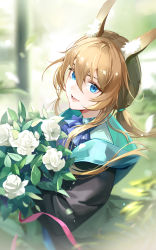 Rule 34 | 1girl, :d, absurdres, amiya (arknights), animal ears, arknights, ascot, black jacket, blue ascot, blue collar, blue eyes, bouquet, brown hair, collar, female focus, flower, hair between eyes, highres, holding, holding bouquet, jacket, long hair, looking at viewer, open clothes, open jacket, open mouth, ponytail, rabbit ears, sidelocks, smile, solo, upper body, uza, white flower