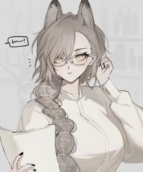 Rule 34 | 1girl, animal ears, arknights, bespectacled, black nails, book, braid, breasts, bright pupils, brown hair, extra ears, eyebrow piercing, gae tteok00, glasses, grey background, hand up, highres, holding, holding book, large breasts, long hair, long sleeves, looking at viewer, multicolored nails, notice lines, penance (arknights), piercing, red nails, shirt, simple background, solo, speech bubble, two-tone nails, upper body, white pupils, white shirt, wolf ears, wolf girl, yellow eyes