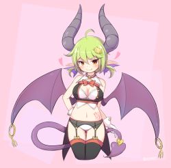 Rule 34 | 1girl, ahoge, black thighhighs, blush, bow, bowtie, breasts, brown eyes, cleavage, closed mouth, demon girl, garter belt, green hair, hair ornament, horns, kneeling, large breasts, looking at viewer, navel, original, qixi cui xing, red bow, red bowtie, short hair, smile, solo, thighhighs, wings