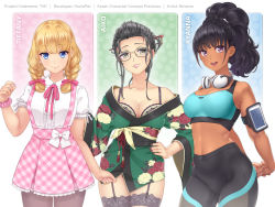 Rule 34 | 3girls, abs, aiko yumi, athletic leotard, black hair, blonde hair, braid, braided bangs, breasts, character name, cleavage, cleavage cutout, clothing cutout, commentary, dark-skinned female, dark skin, english commentary, english text, glasses, headphones, headphones around neck, high-waist pants, highres, hunie (series), huniepop, japanese clothes, kimono, kyanna delrio, leotard, medium breasts, multiple girls, ninamo, official art, pants, pantyhose, small breasts, sports bra, thigh strap, thighhighs, tiffany maye
