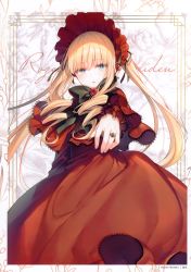 Rule 34 | 1girl, absurdres, black bow, black bowtie, blonde hair, blue eyes, bow, bowtie, capelet, copyright name, cursive, dress, drill hair, headdress, highres, jewelry, long dress, long hair, looking at viewer, outstretched arm, parted lips, red dress, ring, rozen maiden, scan, shinku, solo, toosaka asagi, twin drills, twintails