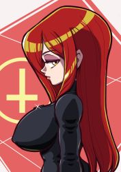 Rule 34 | 1girl, breasts, bronzedemon, covered erect nipples, from side, hair over one eye, highres, large breasts, logo, long hair, looking at viewer, parasoul (skullgirls), red hair, skullgirls, solo, sweater, turtleneck, turtleneck sweater, upper body, yellow eyes