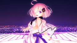 Rule 34 | dress, eyes visible through hair, fate/grand order, fate (series), hair ornament, hair over one eye, hairclip, highres, light purple hair, mash kyrielight, mash kyrielight (under the same sky), official alternate costume, official art, one eye covered, open mouth, purple eyes, reaching, reaching towards viewer, short hair, smile, solo, takeuchi takashi, white dress