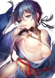 Rule 34 | 10s, 1girl, areola slip, bad id, bad pixiv id, bare shoulders, blue eyes, blue hair, blue kimono, blush, breasts, breasts out, collarbone, commentary request, detached collar, dutch angle, finger to mouth, fingernails, gary25566, genderswap, genderswap (mtf), hair between eyes, hairband, head tilt, highres, hip focus, hip vent, japanese clothes, kimono, large breasts, long sleeves, mikazuki munechika, nipples, no bra, no panties, off shoulder, one breast out, open clothes, open kimono, parted lips, sash, sayagata, shiny skin, short hair, shoulder pads, simple background, solo, tassel, touken ranbu, unmoving pattern, upper body, white background, wide sleeves