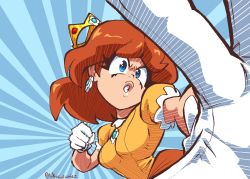 Rule 34 | 1girl, absurdres, blue eyes, breasts, brown hair, crown, dress, earrings, flower earrings, gloves, highres, incoming attack, incoming punch, inker comics, jewelry, long hair, mario (series), nintendo, pov, princess daisy, punching, solo, super mario land, tomboy, twitter username, white gloves