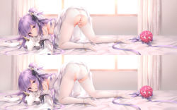 Rule 34 | 1girl, all fours, ass, azur lane, bar censor, bent over, bouquet, breasts, breasts out, censored, chen bin, cleft of venus, curtains, dress, flower, hair bun, indoors, long hair, nipples, panties, unworn panties, purple eyes, purple hair, pussy, side bun, sideboob, single hair bun, single side bun, small breasts, solo, stuffed toy, sunlight, underwear, unicorn, unicorn (azur lane), white panties, window