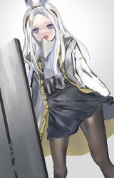 Rule 34 | 1girl, animal ears, arknights, black dress, black pantyhose, brown hairband, coat, commentary, dress, feet out of frame, gawako, grey background, grey coat, hairband, heavyrain (arknights), highres, holding, holding shield, long hair, looking at viewer, mask, mask around neck, open clothes, open coat, open mouth, pantyhose, purple eyes, purple pupils, shield, simple background, solo, white hair, zebra ears