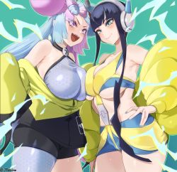 Rule 34 | 2girls, alternate breast size, asymmetrical docking, bare shoulders, black hair, black shorts, blue eyes, blue hair, blush, breast press, breasts, character hair ornament, cleavage, collarbone, creatures (company), elesa (pokemon), game freak, grey pantyhose, gym leader, hair ornament, headphones, iono (pokemon), jacket, jtveemo, large breasts, light blue hair, light purple hair, long hair, long sleeves, low-tied long hair, low twintails, multicolored hair, multiple girls, nintendo, open mouth, pantyhose, pokemon, pokemon bw2, pokemon sv, purple eyes, sharp teeth, short hair with long locks, shorts, sidelocks, single leg pantyhose, sleeves past fingers, sleeves past wrists, smile, split-color hair, teeth, thighs, twintails, yellow jacket