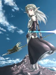 Rule 34 | 1girl, armor, barefoot, cloud, day, dragon, dress, elf, hand on own hip, highres, hip focus, lance, lens flare, long hair, looking back, original, pale skin, pointy ears, polearm, red eyes, silver hair, skirt, sky, solo, ttomm, weapon